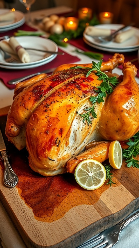 Herb-Seasoned Turkey Breast Recipe Roasted herb-seasoned turkey breast on a wooden cutting board, garnished with herbs and lemon slices.